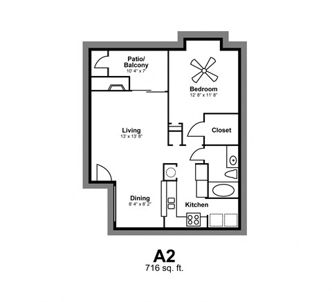Floor plan for 1 bed, 1 bath, 716 sqft